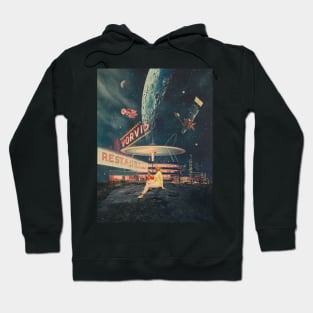 a couple having fun on a surreal retro futuristic landscape of another planet with retro 1960s vibe. Hoodie